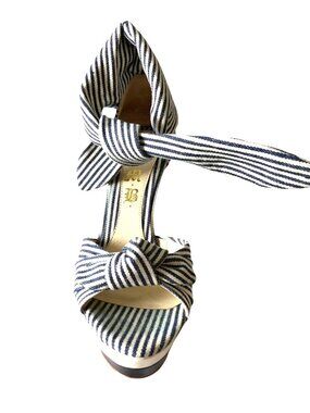 L.A.M.B. Blue & White Striped Platform Heels With Bow Design - Womens High Sanda
